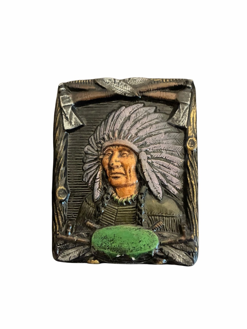 Vintage Native American Chief Relief Wall Plaque Tomahawks Faux Turquoise Decor